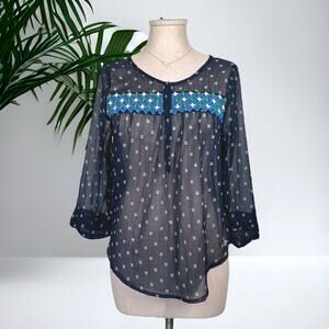 HOLLISTER Boho Style Chiffon Sheer Aztec Blouse Top Green Cover Up Blue Medium